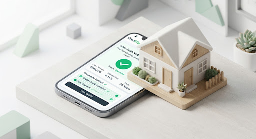 Loan approved on the Cred2Tech customer app beside a model house