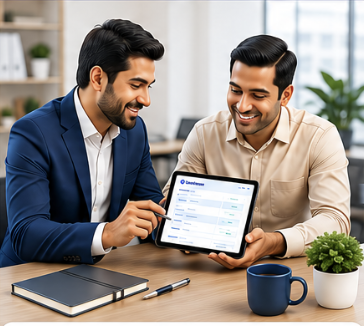A sourcing partner walking a client through onboarding on a tablet