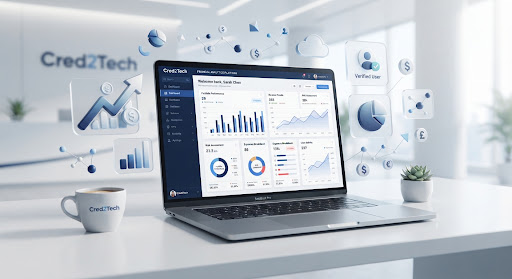 Cred2Tech partner dashboard on a laptop, surrounded by finance widgets